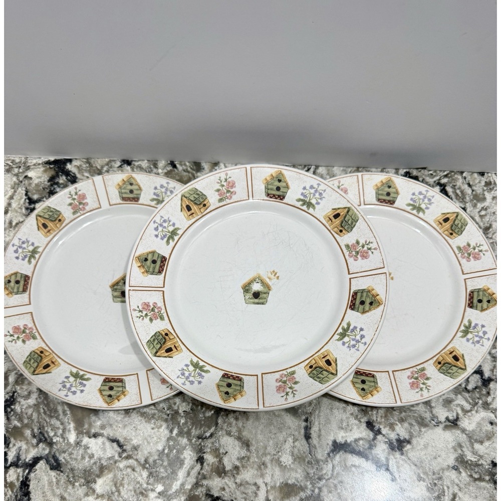 3 Gibson Designs AVIARI  Salad Plates 7 5/8" Yellow Green Birdhouse Cottage